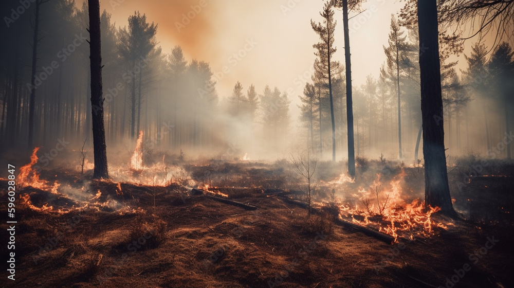 Forest Fire Rages in Drought Stricken Wooded Area with Pine Trees and Smoke in the Distance - Global Warming and Climate Change Concept - Generative AI Forest Fire Rages in Drought Stricken Wooded Area with Pine Trees and Smoke in the Distance - Global Warming and Climate Change Concept - Generative AI