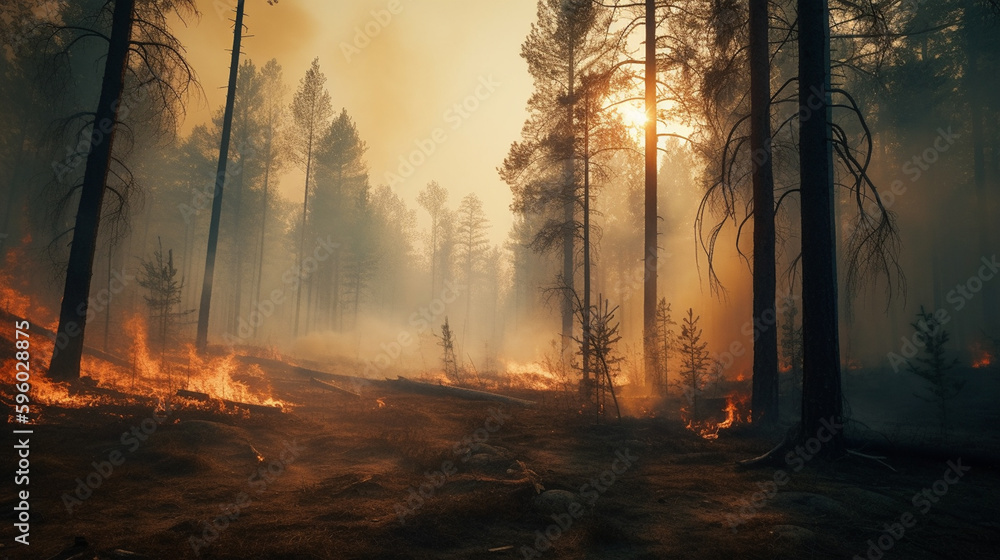 Forest Fire Rages in Drought Stricken Wooded Area with Pine Trees and Smoke in the Distance - Global Warming and Climate Change Concept - Generative AI