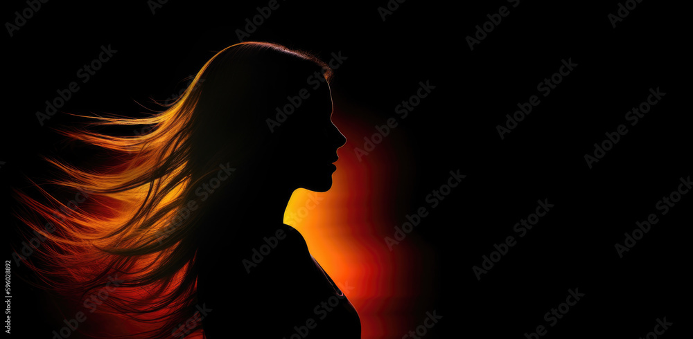 Silhouette of Woman in profile with Flowing Long Blonde Hair. AI generative. Black Background.