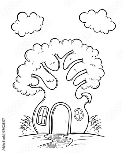 Funny fairy tale tree house children coloring page isolated on white back