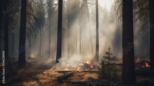 Forest Fire Rages in Drought Stricken Wooded Area with Pine Trees and Smoke in the Distance - Global Warming and Climate Change Concept - Generative AI