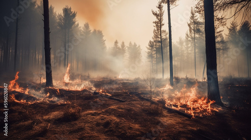 Forest Fire Rages in Drought Stricken Wooded Area with Pine Trees and Smoke in the Distance - Global Warming and Climate Change Concept - Generative AI © AnArtificialWonder