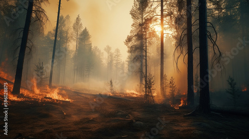 Forest Fire Rages in Drought Stricken Wooded Area with Pine Trees and Smoke in the Distance - Global Warming and Climate Change Concept - Generative AI