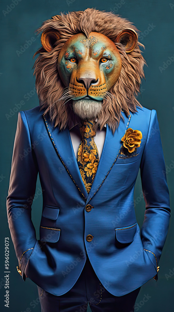 generative ai illustration of a lion in a blue elegant business suit
