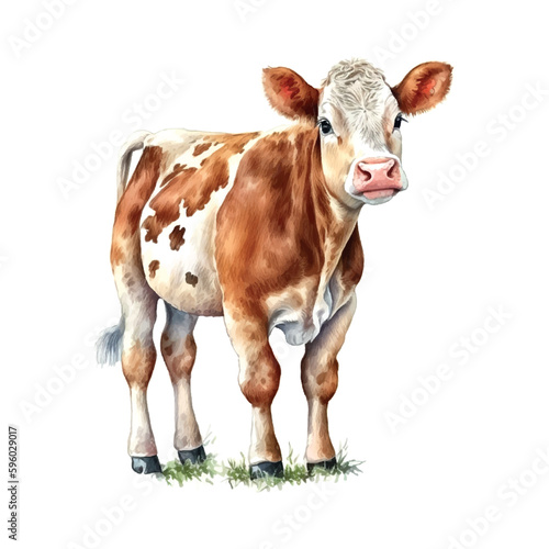 Cow watercolor tender warm colors, appeasement, pasture, white, brown, full height, nature, farm, agriculture, village, farmer, care, milk. Animals concept. Vector illustration.
