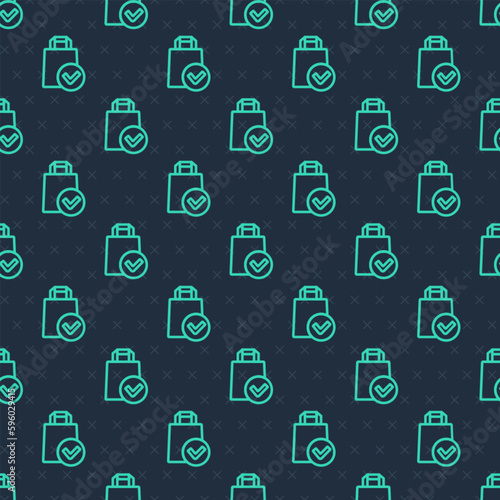 Green line Paper shopping bag icon isolated seamless pattern on blue background. Package sign. Vector