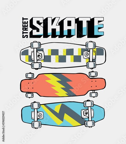 Skateboard vector illustration for apparel prints, posters, and other uses.