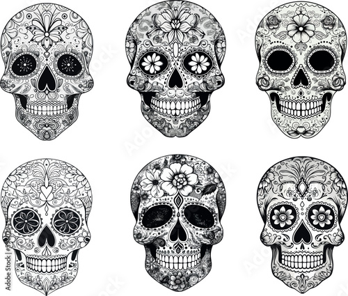 Sugar Skulls Set. Day of the Dead Skull, isolated on white background. Dia de los Muertos. Mexican sugar skull. Design element for logo, emblem, sign, poster, card, banner. Vector illustration. 
