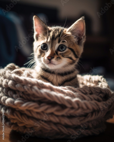Cute tabby bengal kitten sitting in a knitted scarf