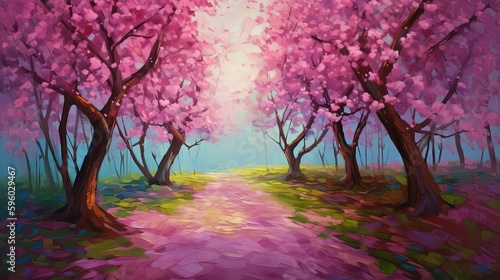 illustration of way path in pink flower cherry blossom garden, Generative Ai