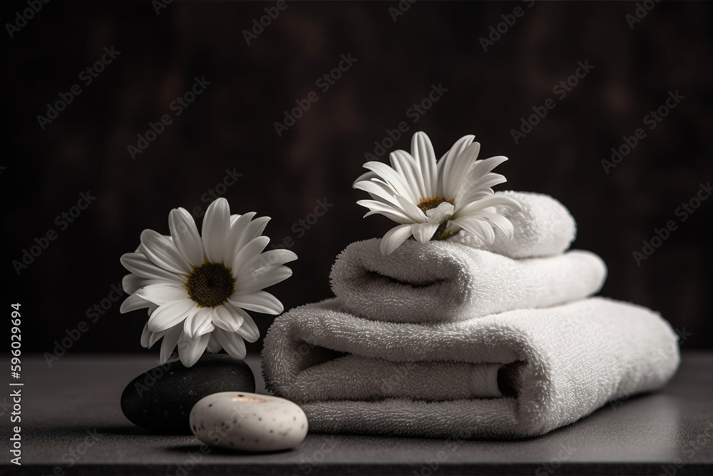 Spa still life with towels and orchid flower on dark background Generative ai Spa still life with towels and orchid flower on dark background Generative ai