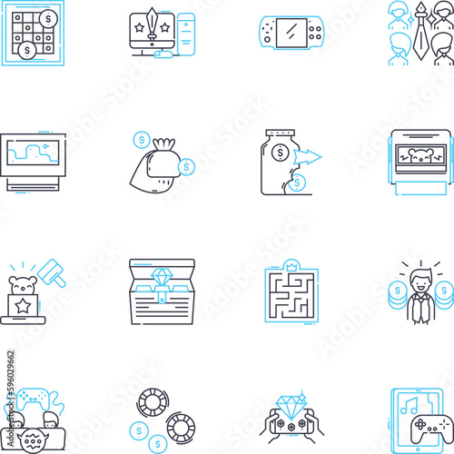 Gaming linear icons set. Console, Shooter, Adventure, Puzzle, RPG, Racing, Strategy line vector and concept signs. eSports,Multiplayer,Graphics outline illustrations