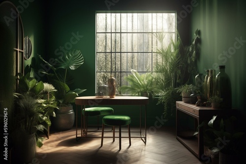 3D green rendering with furniture, plant, and shadows on empty interior under sunlight. Generative AI © Ismael