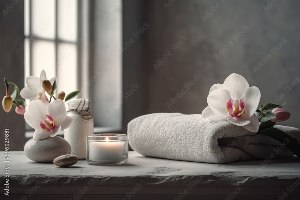 Spa still life with towels and orchid flower on dark background Generative ai
