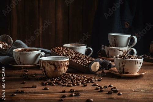 Coffee mugs and beans on wooden surface. Generative AI