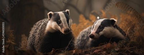 Foto Beautiful badgers in autumn forest outdoor wild nature background