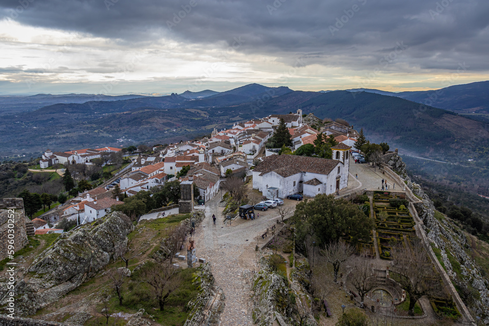 View from the Marvao castle over the village, cloudy and dramatic landscape