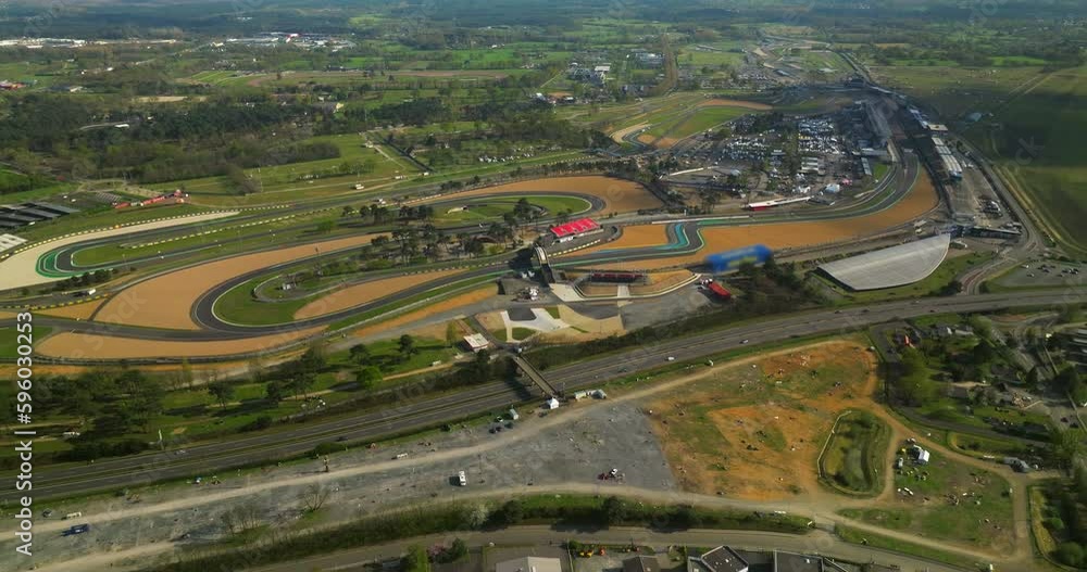 An aerial view of the race track hosting the 24 Hour Endurance Car Race at Le Mans. The famous winding track in Europe. Car racing in France