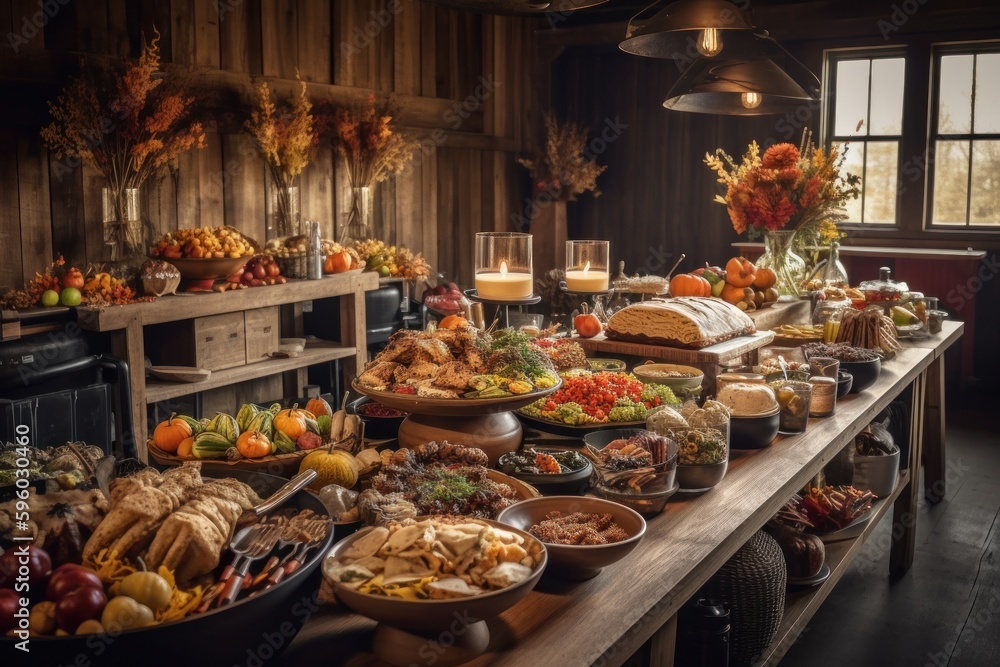 Long table filled with delicious Thanksgiving dishes. The setting a is cozy dining room, with fall foliage and pumpkins adding to the seasonal atmosphere. Generative AI
