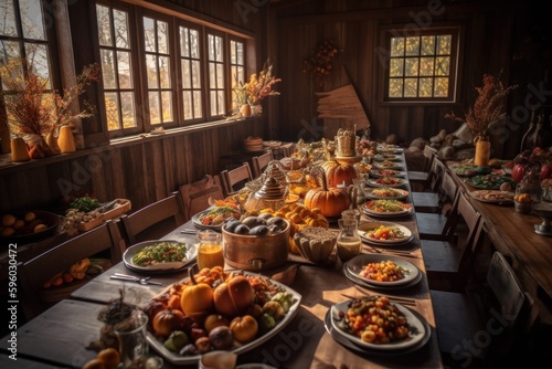 Long table filled with delicious Thanksgiving dishes. The setting a is cozy dining room, with fall foliage and pumpkins adding to the seasonal atmosphere. Generative AI