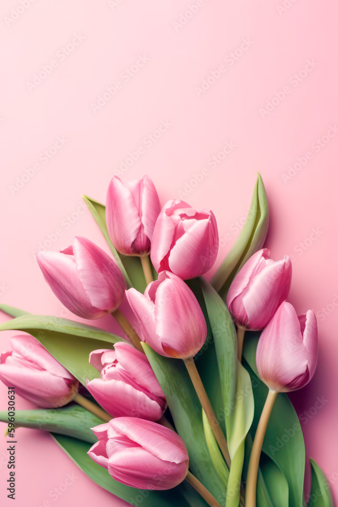 Pink tulip flowers as present for Mother's Day. Generative AI. Pink tulip flowers as present for Mother's Day. Generative AI.