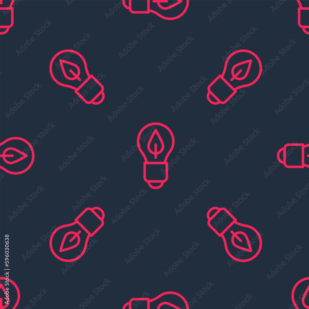 Red line Light bulb with leaf icon isolated seamless pattern on black background. Eco energy concept. Alternative energy concept. Vector Red line Light bulb with leaf icon isolated seamless pattern on black background. Eco energy concept. Alternative energy concept. Vector