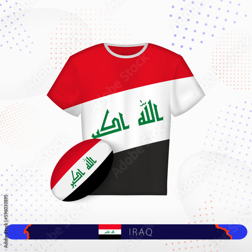 Iraq rugby jersey with rugby ball of Iraq on abstract sport background.