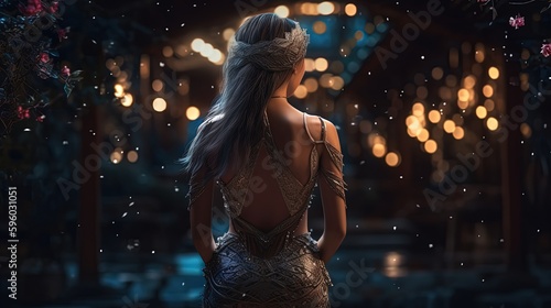 woman cosplay back view portrait of beautiful Asian princess in palace at night time, Generative Ai