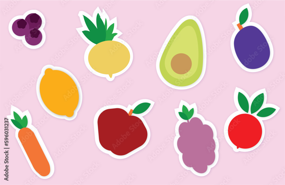 A set of vector flat fruit icons, stickers on pink background. Decorative design. Healthy food, organic food. A set of vector flat fruit icons, stickers on pink background. Decorative design. Healthy food, organic food.