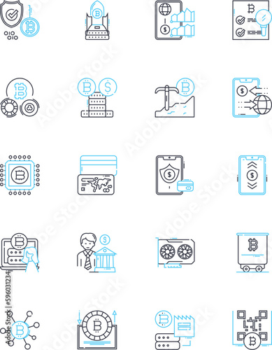 Smart contracts linear icons set. Ethereum, Blockchain, Decentralized, Code, Trust, Transparency, Immutable line vector and concept signs. Automation,Consensus,Verification outline illustrations