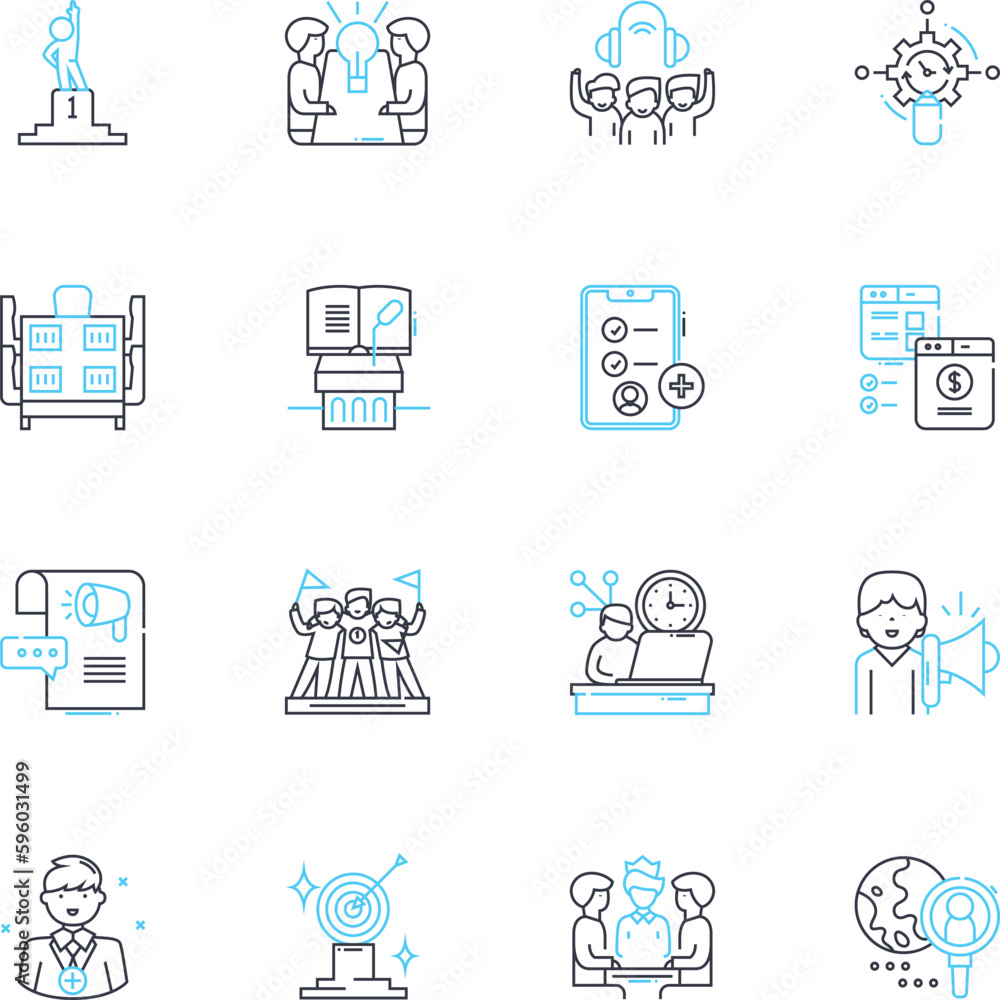 Management get-together linear icons set. Synergy, Collaboration, Leadership, Teamwork, Strategy, Innovation, Communication line vector and concept signs. Motivation,Vision,Efficiency outline