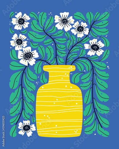Yellow vase with flowers and leaves all over the background. Abstract painting. Flat vector illustration, eps10