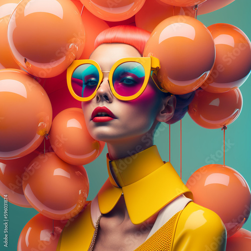 Portrait of young woman model with colorful balls. Fashion shoot concept. Generative AI.