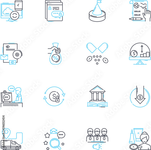 Tax law linear icons set. Deductions, Exemptions, Credits, Income, Returns, Refunds, Compliance line vector and concept signs. Filing,Audits,Penalties outline illustrations