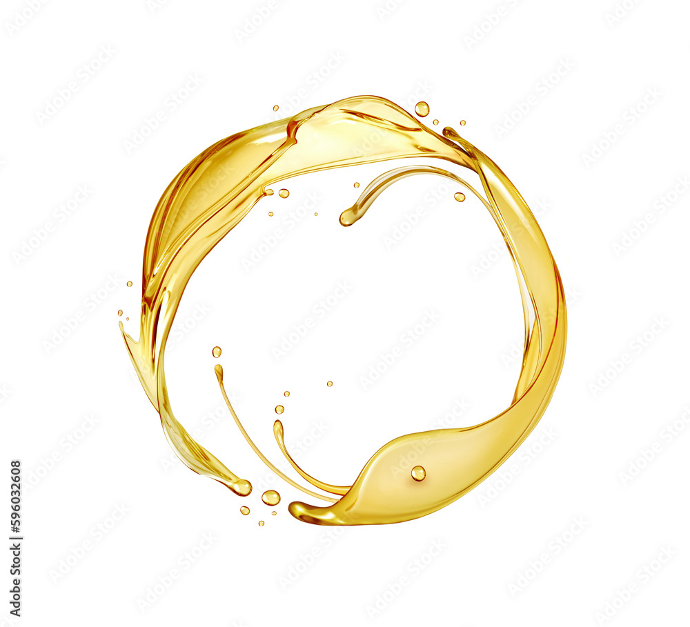 Splashes of oily liquid arranged in a circle on a transparent background - obrazy, fototapety, plakaty 