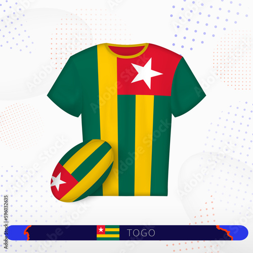 Togo rugby jersey with rugby ball of Togo on abstract sport background.