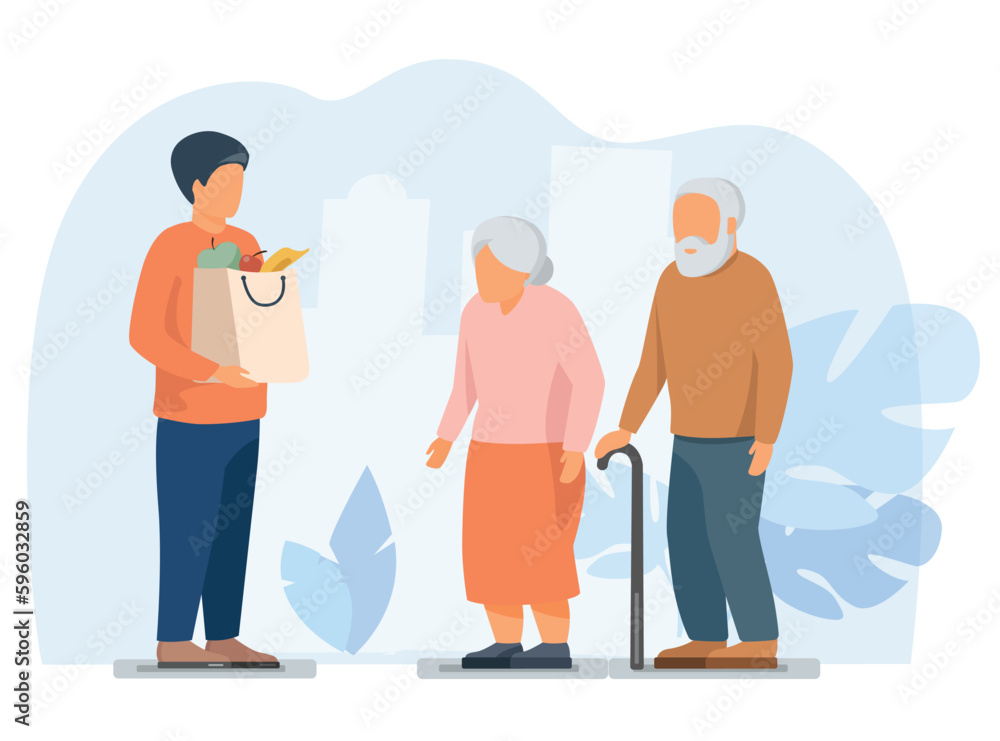 Volunteer delivering food parcels for elderly people isolated flat vector illustration.