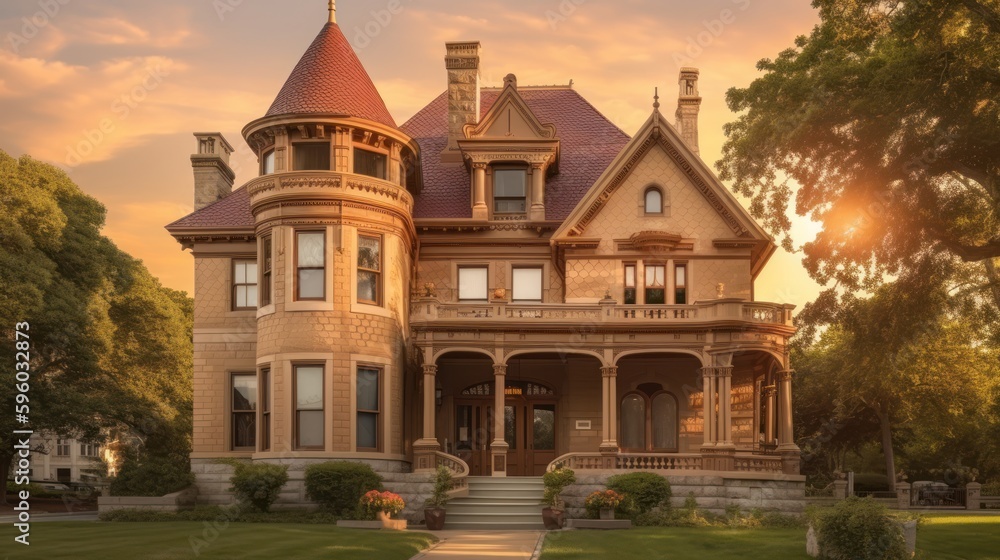 Romanesque exterior house design in daytime golden hour generative ai