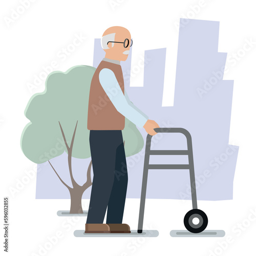 Old man walking with walking frame. Vector image isolated on white background