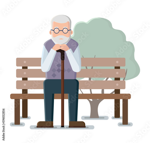Old man sitting on bench in park. Vector illustration