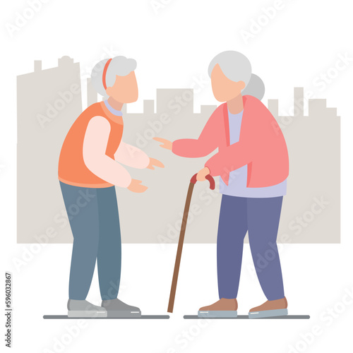 Two old woman in thi city. Old people get together. Vector illustration of a flat design.