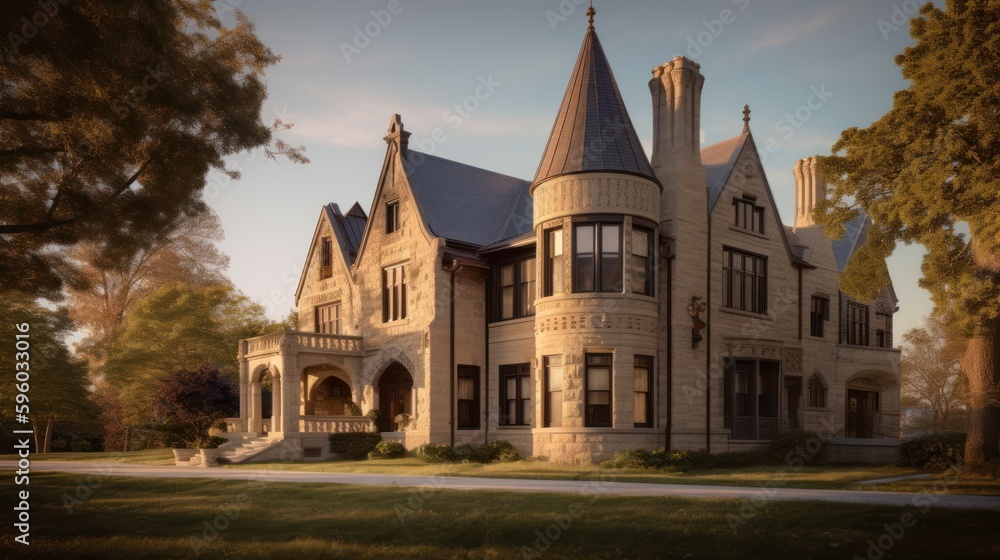Fototapeta premium Romanesque exterior house design in daytime golden hour generative ai