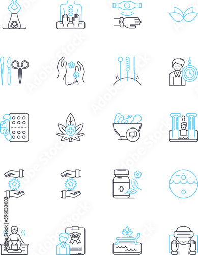 Herbal remedies linear icons set. Aromatherapy, Digestion, Immunity, Inflammation, Anxiety, Nutrition, Antioxidants line vector and concept signs. Detoxification,Energy,Relaxation outline