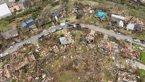 Drone passing over devastation in aftermath of tornado outbreak, Little Rock Arkansas, 3-31-2023