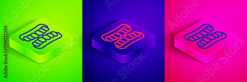 Isometric line Dentures model icon isolated on green, blue and pink background. Teeth of the upper jaw. Dental concept. Square button. Vector