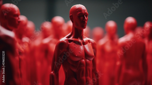 The red human figure extends its influence to the neighboring figures, AI concept, Cyborg. Generative AI © KJ Photo studio