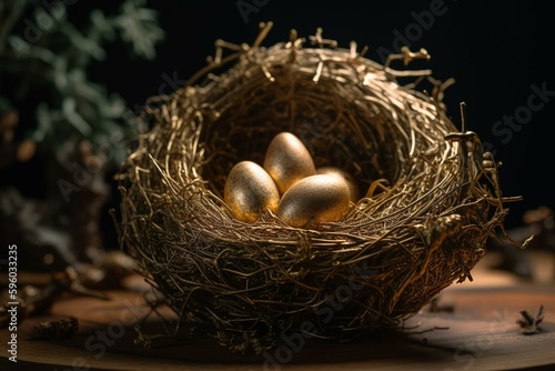 A distinctive gold egg amidst common eggs in a bird's nest. Generative AI