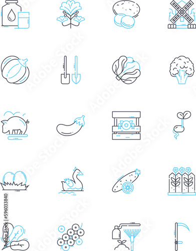 Agricultural engineering linear icons set. Irrigation, Soil, Harvesting, Crop, Tractor, Dairy, Farming line vector and concept signs. Irrigator,Fertilizer,Livestock outline illustrations