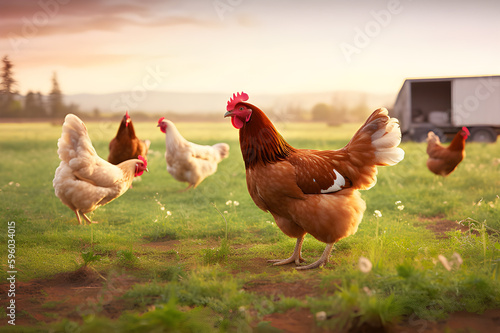 Hen, rooster and animals with free range in countryside . created with Generative AI
