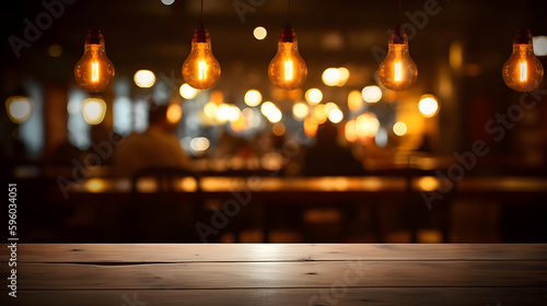 Empty Wooden Table in Front of Abstract Blurred Restaurant Lights Background. created with Generative AI